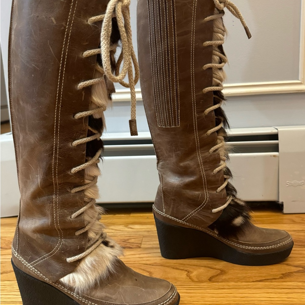 Juicy Couture Brown Lace-Up Wedge Knee-High Boots with Fur Trim
